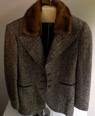 CARLISLE 羊毛混纺可拆卸毛皮领西装外套,尺寸 0,裙子,尺寸 2 棕色 — 第 1/4 张图片