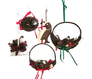5 Quail Bird Christmas Ornaments 4 in Nests 1 Fabric Felt Quail Ornament Vintage - Picture 1 of 9