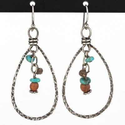 Retired Silpada Sterling Turquoise & Wood Beaded Teardrop Dangle Earrings W1348 - Image 1 of 4