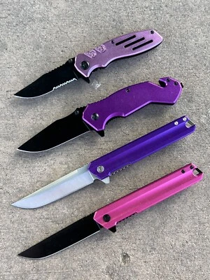 (LOTE AL POR MAYOR x 12) Juego de cuchillos asistidos por resorte de aluminio ElitEdge rosa/púrpura Foto 1 de 4