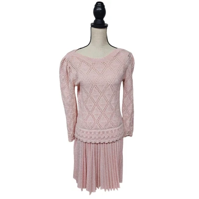 Vtg 70s Leslie Fay Petite Pink Pleated Skirt Set Sz S Crochet Puff Sleeve Top - Image 1 of 4