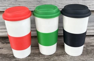 3 Ceramic Travel Tumblers 16 oz With Silicone Lids & Grip Strips Red Green Black - Picture 1 of 12