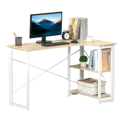 L-Shape Folding Computer Desk 2 Shelves Oak Tone - Image 1 of 4