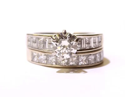 GIA 14K White gold 3.14ct round diamond engagement ring wedding band set 9.2g 6 - Image 1 of 4