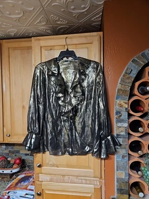 Alice + Olivia Elliot Gold Silk Ruffle Long Sleeve V-Neck Blouse Top Size Large - Image 1 of 3