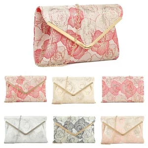 Women Classy Floral Satin Clutch Bag Bridal Handbag Evening Wedding Party Prom - Picture 1 of 8
