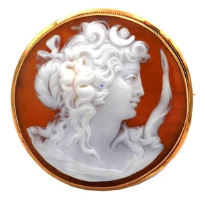 Antike Gemme Bildnis Diana als Anhänger & Brosche 750 Gold um 1870 Muschel Kamee - Bild 1 von 7