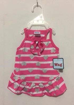 Girl Simply Wag Pink & White Stripe with Silver Hearts & Bows Dress Small