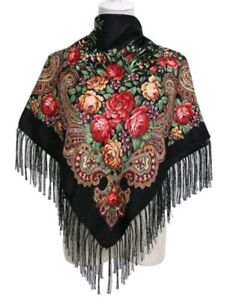 RUSSIAN Pavlovo Posad print style Floral Roses Red Black Scarf Wool 43×43 inch