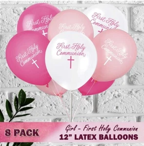 Holy First Communion Latex Balloons 8 Pack 12 In Pink White Girls Cross Catholic - Picture 1 of 3