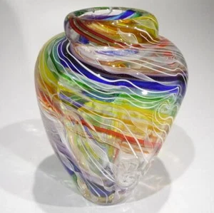 HAND BLOWN GLASS ART VASE, RAINBOW COLORS RED BLUE YELLOW CLEAR, DIRWOOD, n3827 - Picture 1 of 8