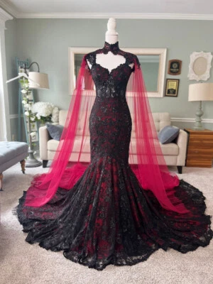 Gothic Black and Dark Red Mermaid Wedding Dresses with Cape Applique Bridal Gown - Image 1 of 4