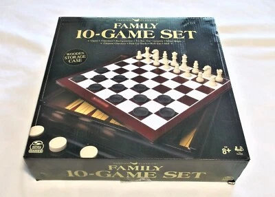 Family 10 Game Set In Wood Cabinet - Chess, Checkers, Backgammon, And More - NEW - Image 1 of 4