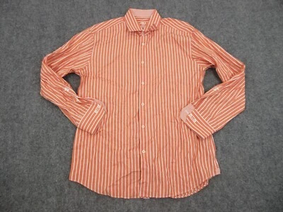 Bugatchi Uomo Shirt Men 17 1/2 Orange White Stripe Button Up Preppy Casual - Image 1 of 4