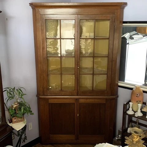 ATQ 1901 Hand Carved Solid Cherry Wood 16 Pane Corner Display Cabinet  50”L 85”H Cover