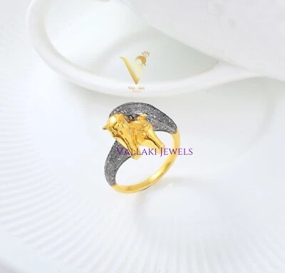 Anillo Hecho a Mano DIAMANTE PAVÉ EN FORMA DE CABALLO DOBLE CARA en Plata 925 con Oro 14k Foto 1 de 4
