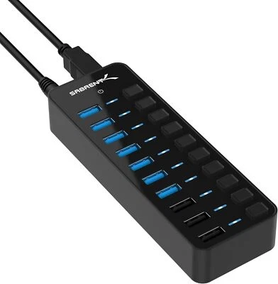 7 Port Usb Hub With 3 Smart Charging Ports And Led Power Indicator Black - Image 1 of 4