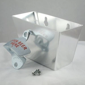 Open Beer Here Wall Mount Bottle Opener / Metal Cap Catcher Set - NEW! - Picture 1 of 2