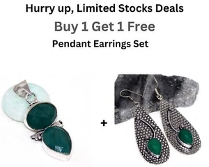 Simulated Emerald Gemstone Handmade Pendant Earrings Set| Combo Set 2|2.8" JW - Picture 1 of 5