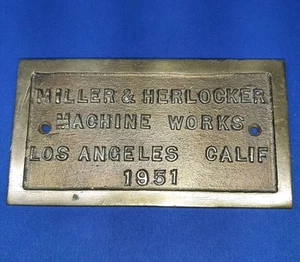 Antik 1951 Messing Los Angeles California Miller & Herlocker Plakette Schild Ausweisschild  - Bild 1 von 7