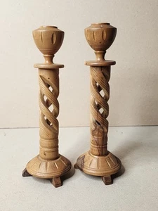 Pair Of Vintage Carved Wood Taper Candle Holders Open Barley Twist Design Footed - Picture 1 of 11