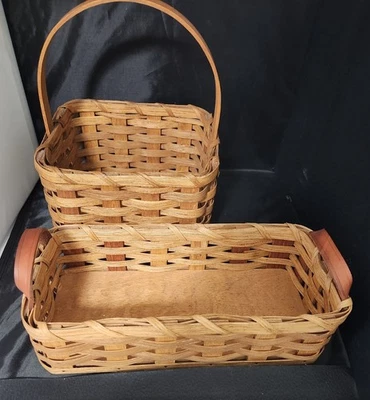 Michigan Amish Hand Woven Rattan Baskets w/Saddle Leather Handles Signed - Image 1 of 4