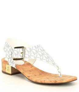 NIB MICHAEL Michael Kors London Logo Thong Block Heel Sandals Navy/White Sz 7.5 - Picture 1 of 2