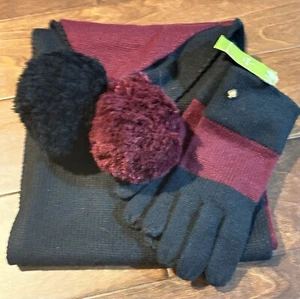 NWT - Kate Spade Color Block Scarf and Gloves Black/Wine Burgundy - Pom Poms - Picture 1 of 7