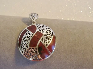 Sterling Silver & Carnelian Windowed Round Disc PENDANT 1.5" L & 1 1/8" Diameter - Picture 1 of 8