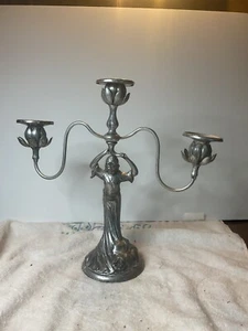 ANTIQUE ART NOUVEAU 3 Light CANDELABRA LADY WOMAN - Picture 1 of 9