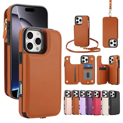 For iPhone 16 15 14 13 12 Pro Max Leather Card Wallet Crossbody Strap Stand Case - Image 1 of 4