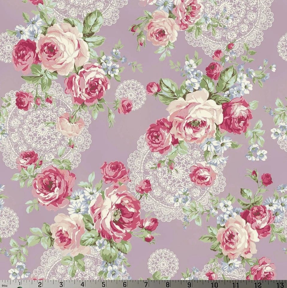 Ruru Rose Waltz Pale Lavender Shabby Floral Cotton Quilt Gate Fabric - Image 1 of 1