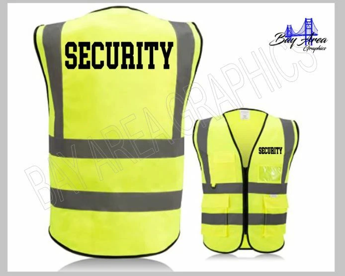 Security Safety Vest High Visibility YELLOW Reflective Strips w/pockets BLK text - Image 1 of 4