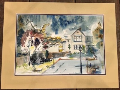 ORIGINAL SIGNED WATERCOLOR NEIGHBORHOOD SCENE BY CELIA ANDROSEN - Image 1 of 4