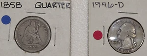 1858 Seated Liberty US Quarter dollar + 1946 - D Washington SILVER Eagle - Picture 1 of 11