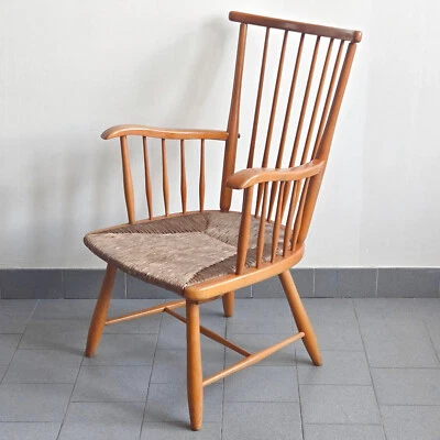 FAUTEUIL VINTAGE DE ARNO LAMBRECHT POUR WKS MOBEL 1950 EN HETRE & JONC 50S 1950S - Photo 1/4