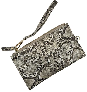 Neiman Marcus Leather Wristlet Clutch Faux Snakeskin brown shimmer - Picture 1 of 6