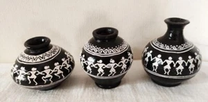 Handcrafted Miniature Terracotta Clay Warli Painted Pot For Home Decor Set of 3 - Picture 1 of 3