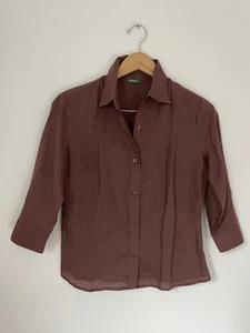 Benetton Women’s Button Down Shirt Chocolate Brown 100% Linen Preppy Italy - Picture 1 of 10