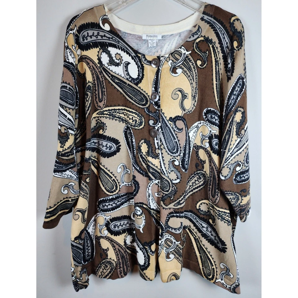 Cárdigan Hampshire Studio para mujer 3X marrón estampado cachemir botón delantero vibraciones de otoño Foto 1 de 4