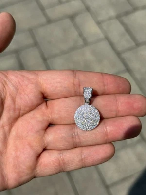 1.50 CTW MOISSANITE Disc Circle Pendant Necklace Men 14k White Gold GRA - Image 1 of 4