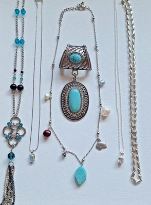 Boho Silver Tone 5 Necklaces & pendant Lot w/ Faux Turquoise Pearl Rhinestone - Image 1 of 4