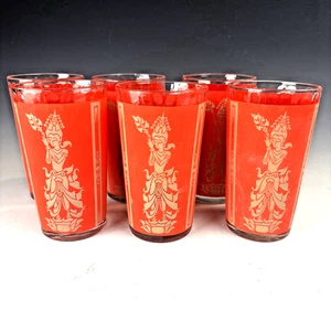 Set 6 Vintage Culver Style Red & Gold Thai Dancer Glasses 5” Mid Century - Imagen 1 de 5