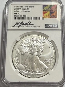 2022-W BURNISHED SILVER EAGLE $1 ADVANCED RELEASES,MS70,GAUDIOSO -RARE TONING-. - Picture 1 of 7