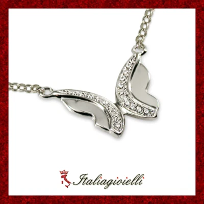 Armoniosa Collana Brillante con Farfalla in Argento 925 Rodiato Oro Bianco - Immagine 1 di 4