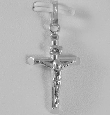 CRUZ ORO BLANCO 18K CON JESÚS, TUBO REDONDEADO, BRILLANTE 1,22 PULGADAS, HECHA EN ITALIA Foto 1 de 4