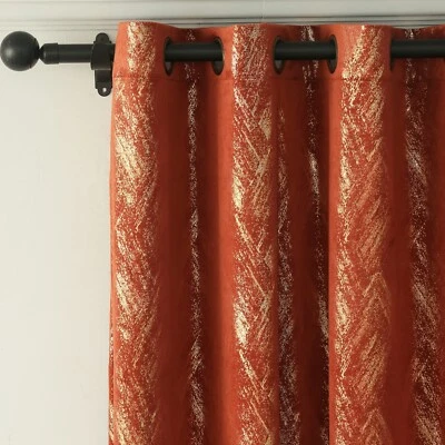 Burnt Orange Velvet Curtains Champagne Gold foil Print Shiny Geometric Patter... - Image 1 of 4