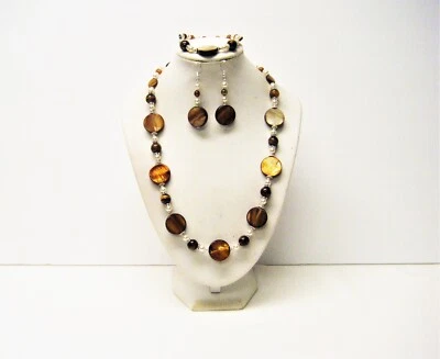 Round Brownish Tan Lentil Shell w/Semi-Precious Tiger-eye Bead Neck/Brace/Earrin - Image 1 of 4