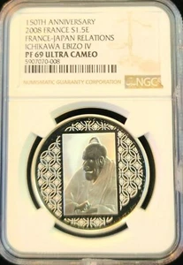 2008 FRANCE SILVER 1.5 EURO ICHIKAWA EBIZO IV PAINTING NGC PF 69 ULTRA CAMEO TOP - Picture 1 of 4