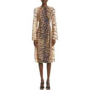 NEW St. John Collection Tiger Print Keyhole Long Sleeve Silk Midi Dress Size L - Picture 1 of 14